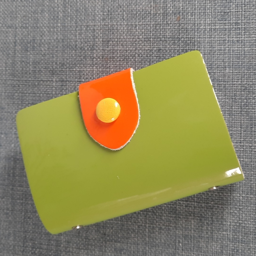 Green Orange Patent Leather Business Credit Photo Card Cards Wallet ***As Is